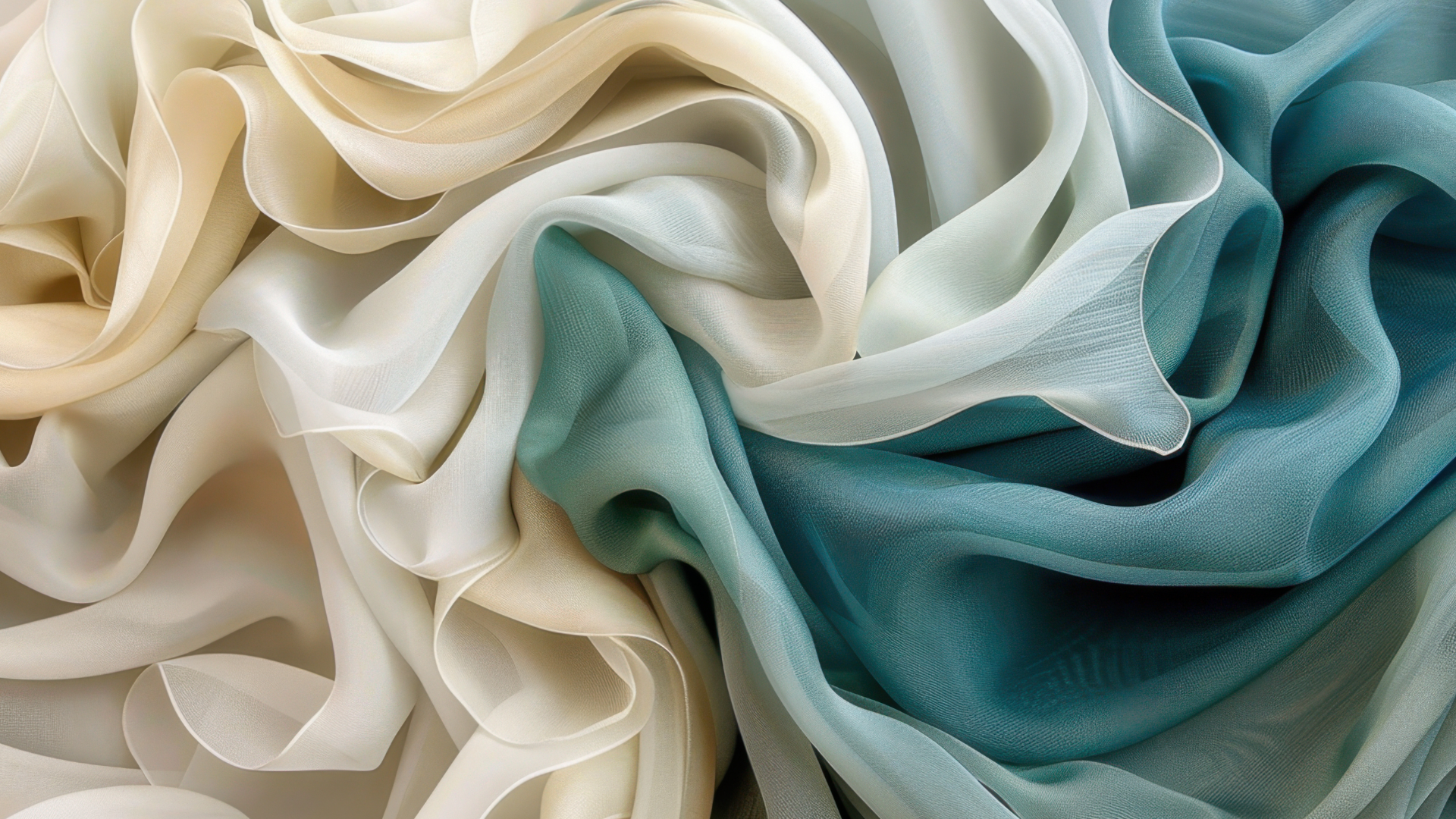 Premium fabric textures — silk and chiffon in cream and teal
